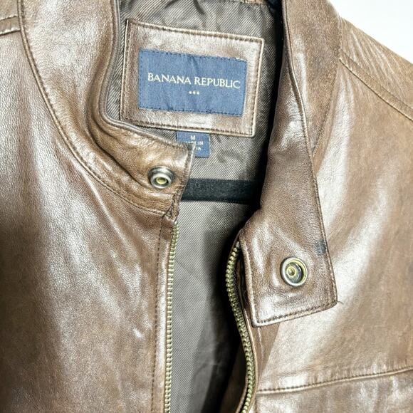 Banana Republic Brown Leather Bomber Jacket Mens M Full Zip Band Collar Lined - Picture 3 of 13